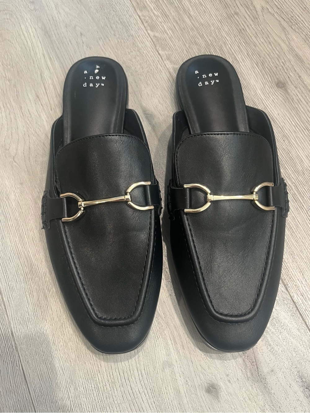 a new day Black Leather Slip-On Mules with Gold Bit
